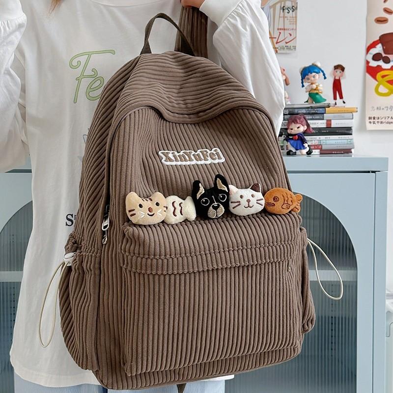 Retro Youth Backpack With Durable Corduroy Fabric For Daily Commute Campus And