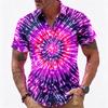 Men's Neon Lightning Tie Dye Print Short Sleeve Shirt, Retro Psychedelic Button Up Shirt for Spring & Summer