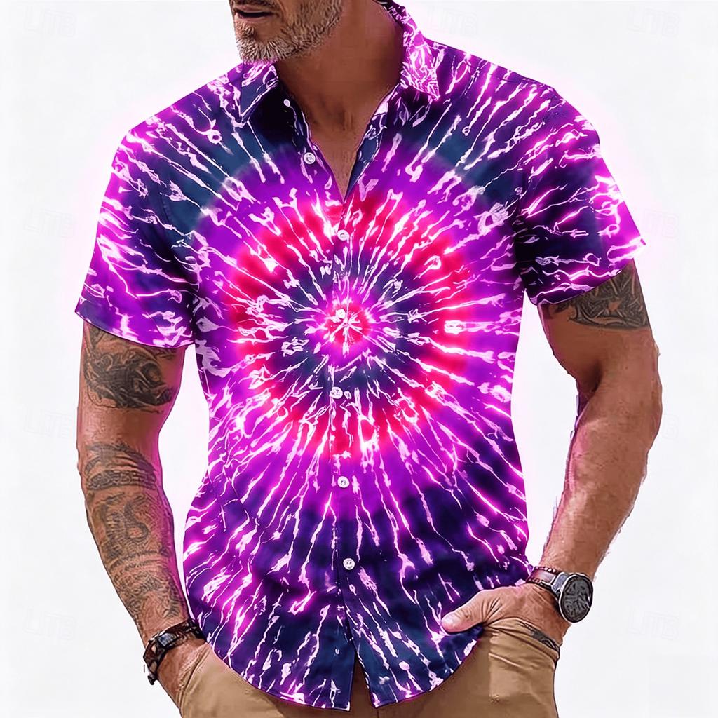 Men's Neon Lightning Tie Dye Print Short Sleeve Shirt, Retro Psychedelic Button Up Shirt for Spring & Summer