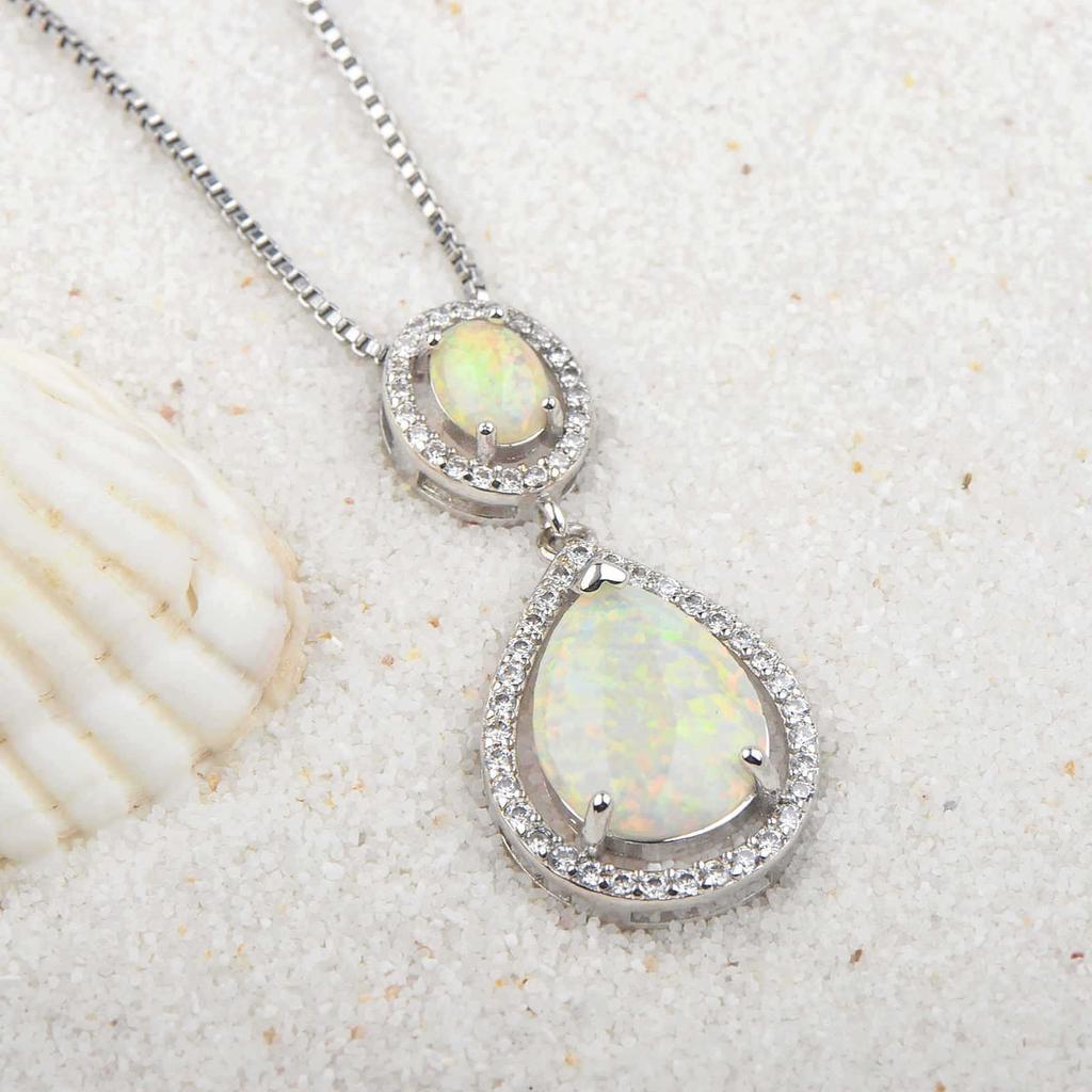 Silver Plated Lab Created White Opal Teardrop Necklace Design Sweater Chain Ocean Pendant Trendy Gift