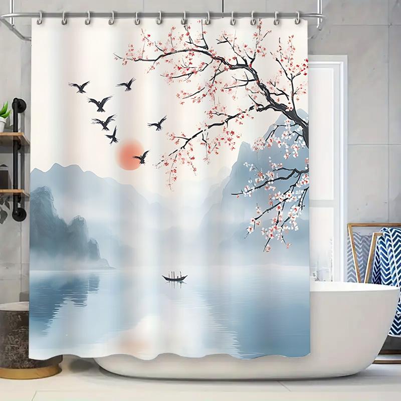 

Elegant Chinese Style Shower Curtain With Mountain Landscape And Cherry Blossoms For Bathroom Decor Enhance Your Home Aesthetic W60H190(CM)-1 Pcs