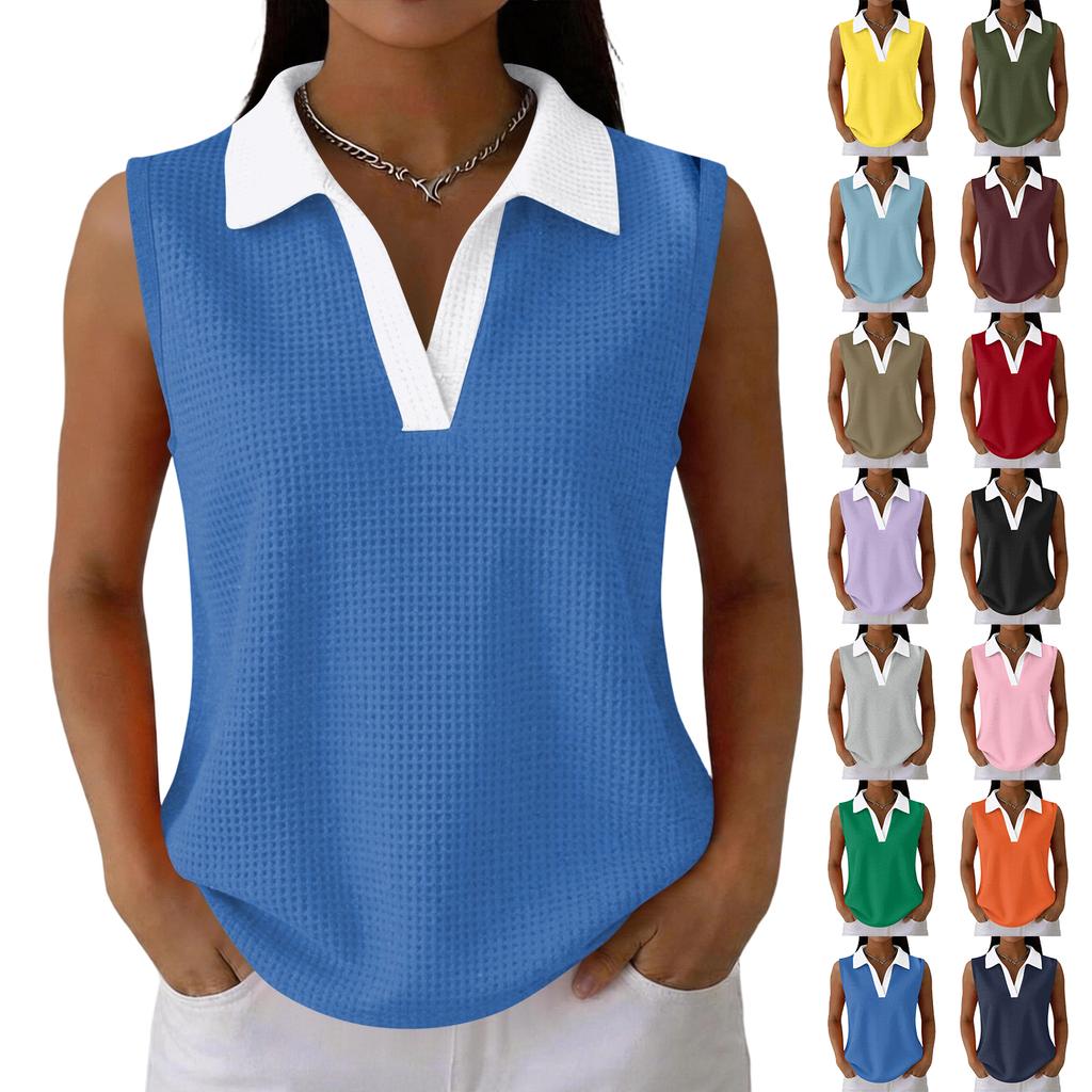 Women's Casual Color Block Knit Sleeveless Collar Tank Top