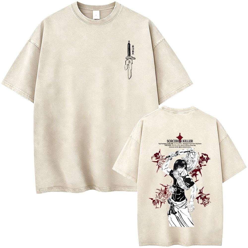 Washed Vintage Anime Jujutsu Kaisen Maki Zenin Tshirt Men Women Casual Oversized Cotton T Shirt Male Manga Harajuku Streetwear S