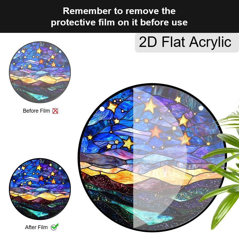 Acrylic Starry Night Sky and Mountains Suncatcher, Stained Glass Style Window Hanging Ornament for Celestial and Landscape Lovers