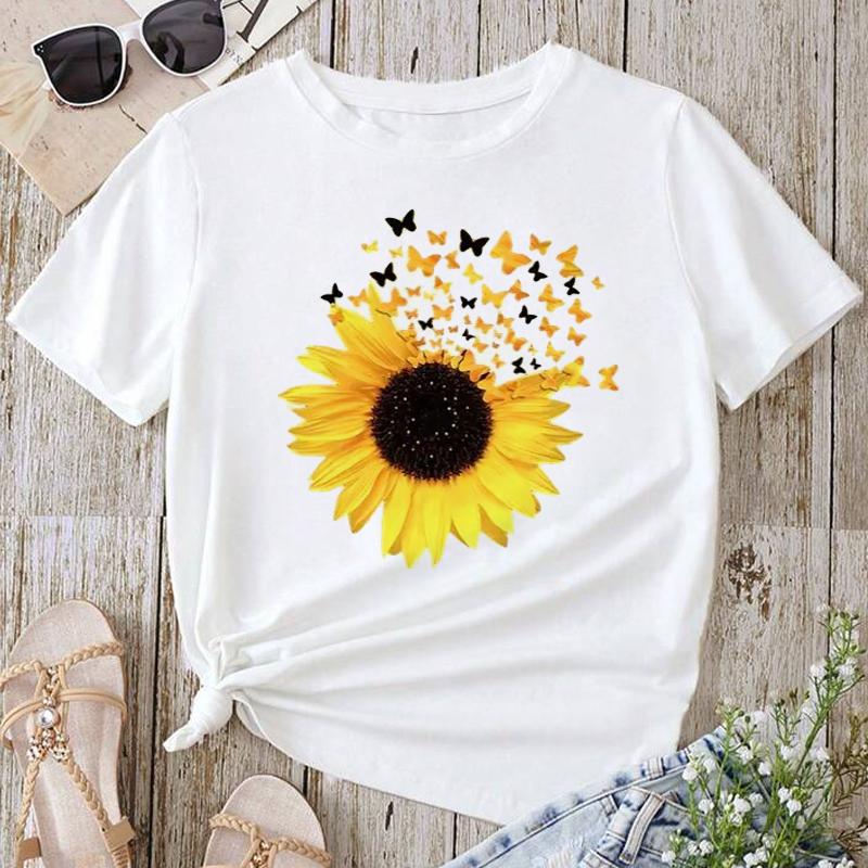 Butterfly Sunflower Style Trend Women Clothing Fashion Graphic T-shirt Summer Casual Short Sleeve Female Basic Tees Tops