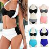 Set Bikini Women Contrast Block Halter Top High Waist Bottom Swimwear Beach