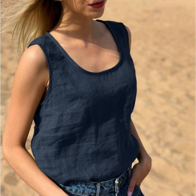 Women's Loose Casual Cotton and Linen Summer Solid Colour Round Neck Tank Top