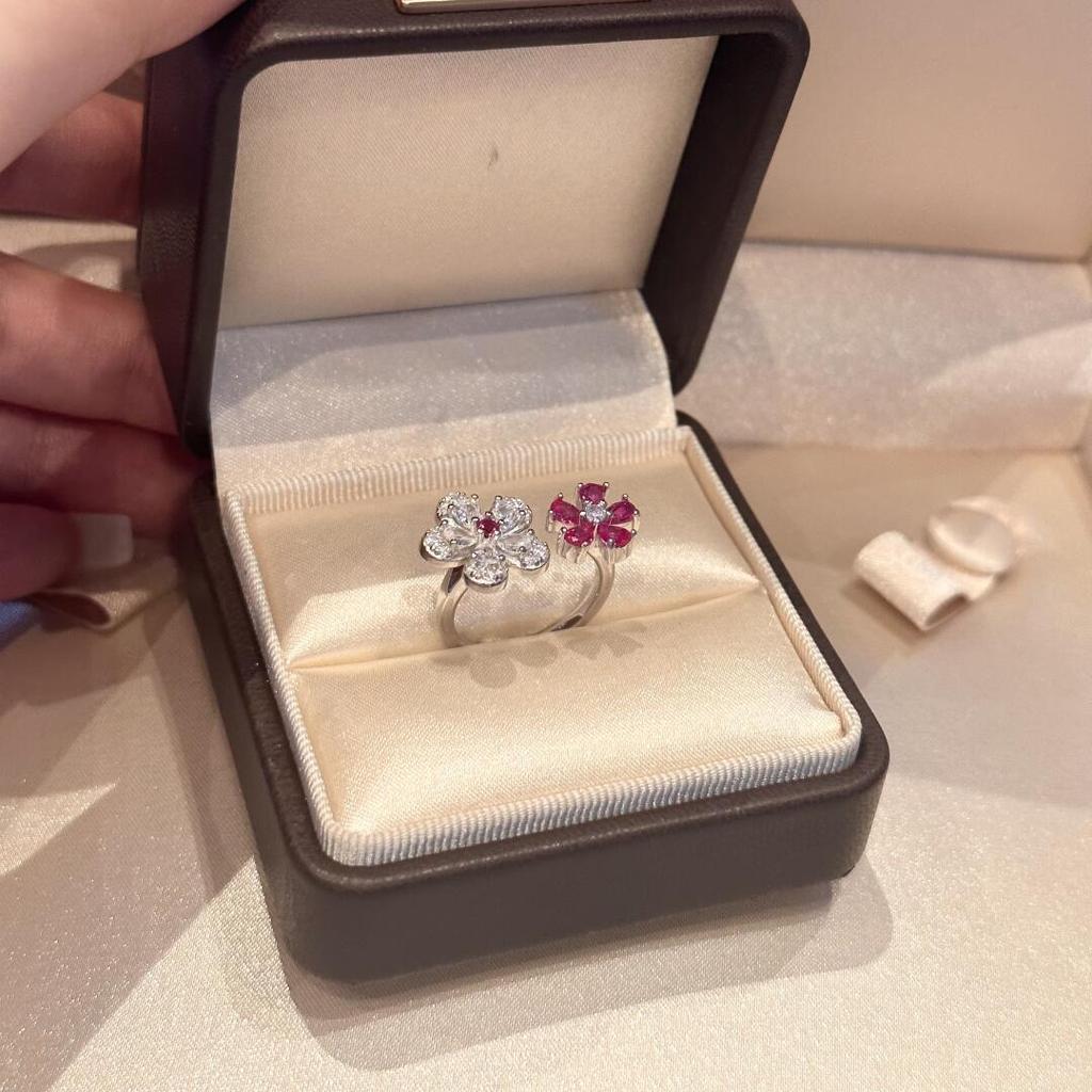 Fashion and High quality dazzling silver 925 full diamond red flower rings for women light luxury and exquisite jewelry gifts