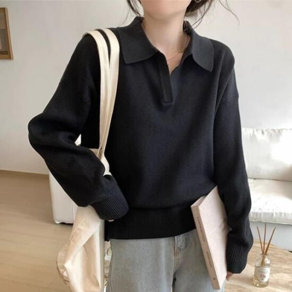 Navava Women Basic Ribbed Collar Long Sleeve Knit Tee Nk3227