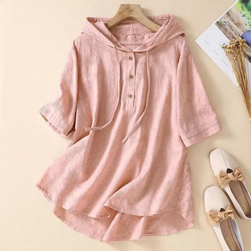 pink half placket hooded elbow sleeve linen blend top for women M