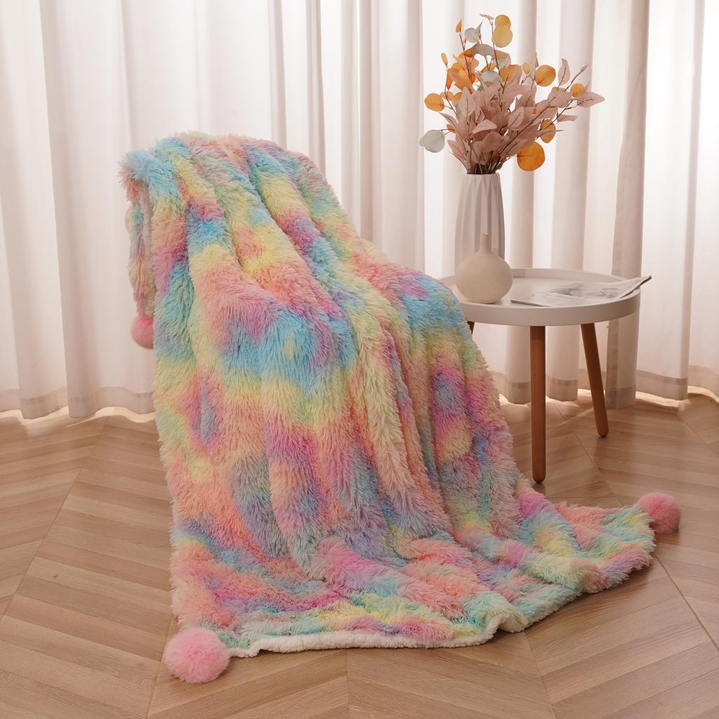 NOAHAS Colorful Plush Hairy Thick Large Blanket Bedding Sofa Cover Furry Fuzzy Throw Blanket with Pom Poms For Decorative Sofa