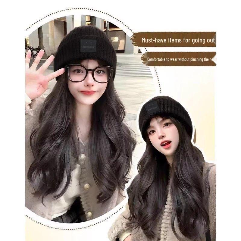 2025 Women's Fashion Knit Hat with Integrated Wig and Hairband for Autumn/Winter
