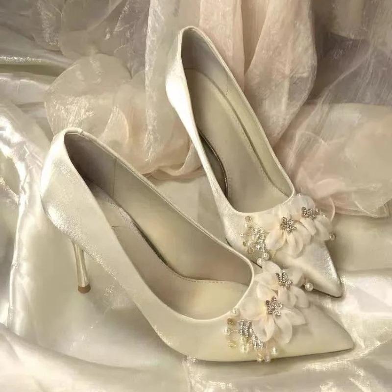 Fashion Stiletto Single Shoes Autumn New Pointed Toe Shallow Mouth Flower Slip-on Non-Slip Wear-Resistant High Heels