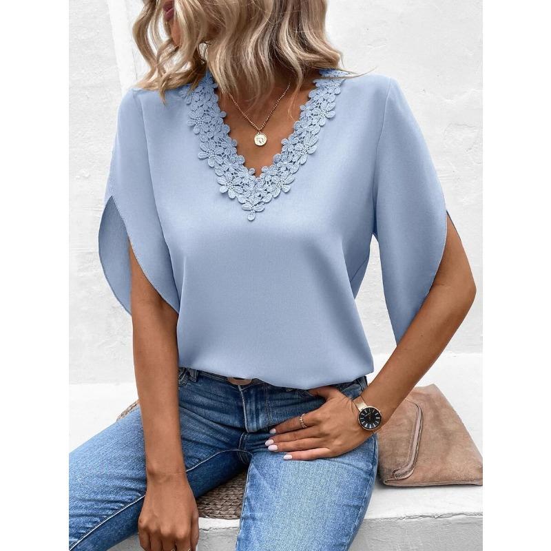 Women's Fashion Casual Summer Spring Solid Color Print 1/2 Sleeves V-Neck Blouses & Shirts