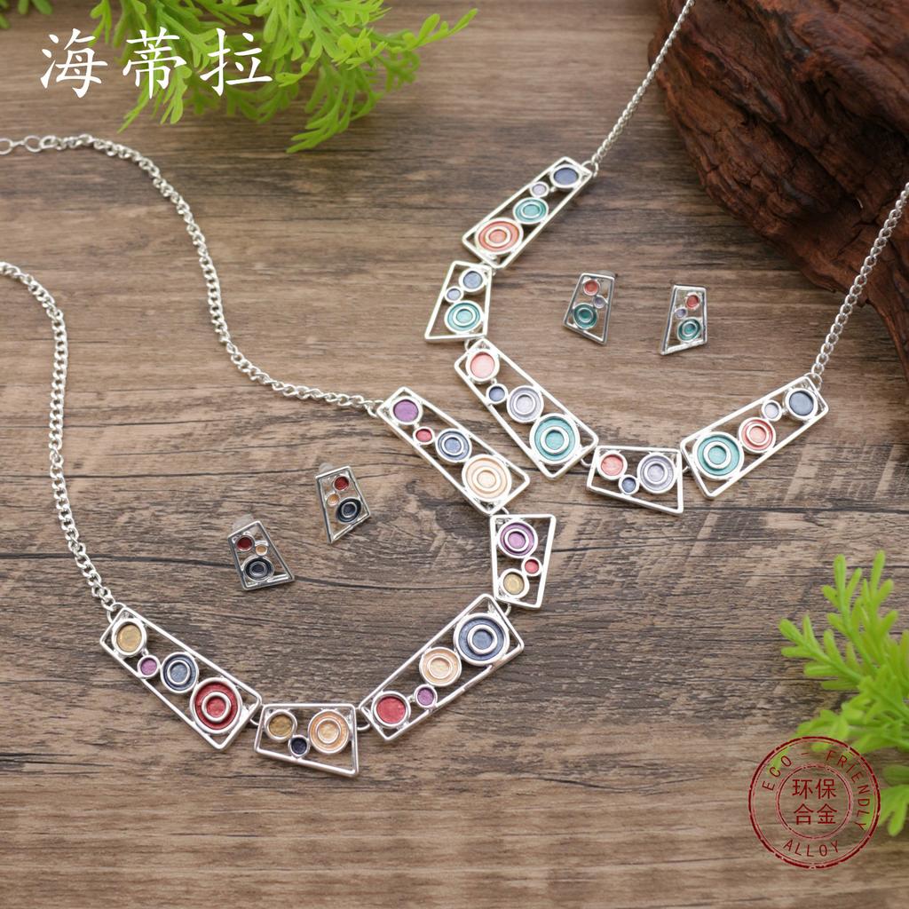 Neues Farbmalerei Öl hohles geometrisches rundes Stecker-Ohrring-Halsketten-Set, übertriebene quadratische Damenhalskette.