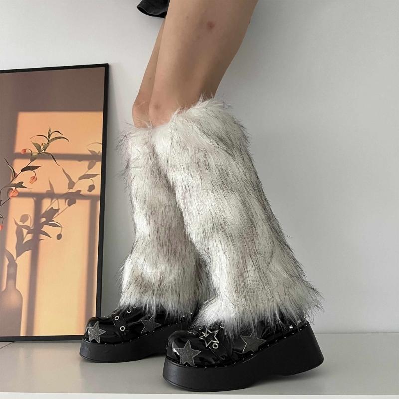 Fuzzy Faux Furs Leg Warmers Furs Heels Long Boots Cuffs Cover Has Elastic One Pair Carnivals Boot Cover Y2K JK Uniform