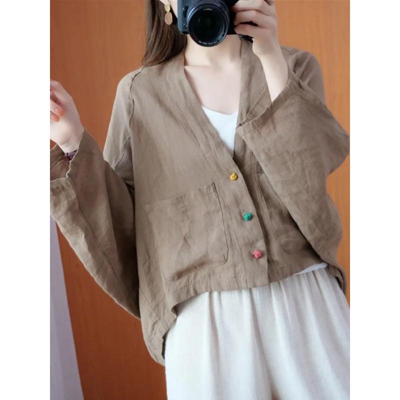 Dámské bundy s dlouhým rukávem Novinka 2025 Podzimní Vintage Styl Univerzální Volné Pohodlné Bavlna Len Dámské Běžné Kabáty B2100