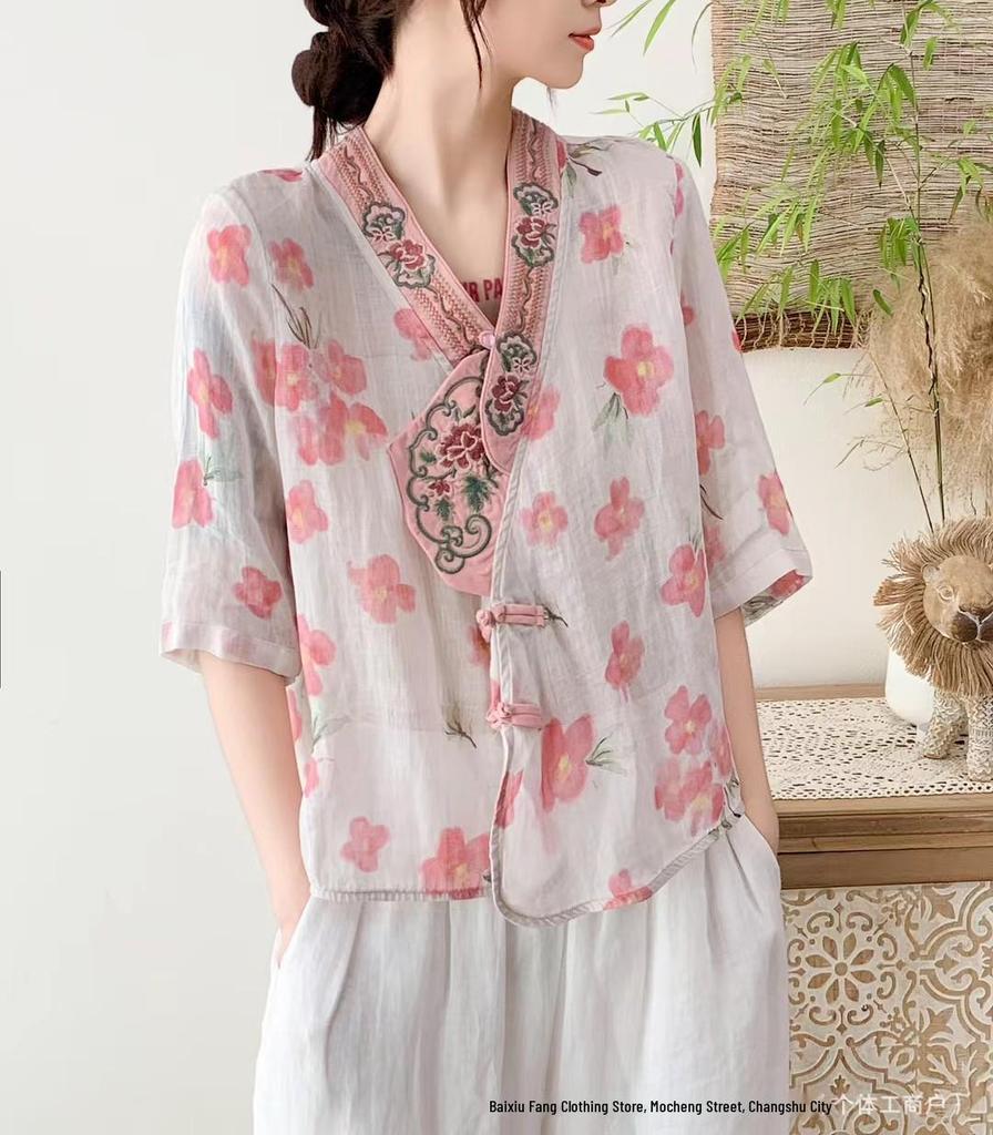 2026 Summer Women's V-Neck Retro Chinese-Style Ramie Shirt with Frog Buttons and Embroidered Prints