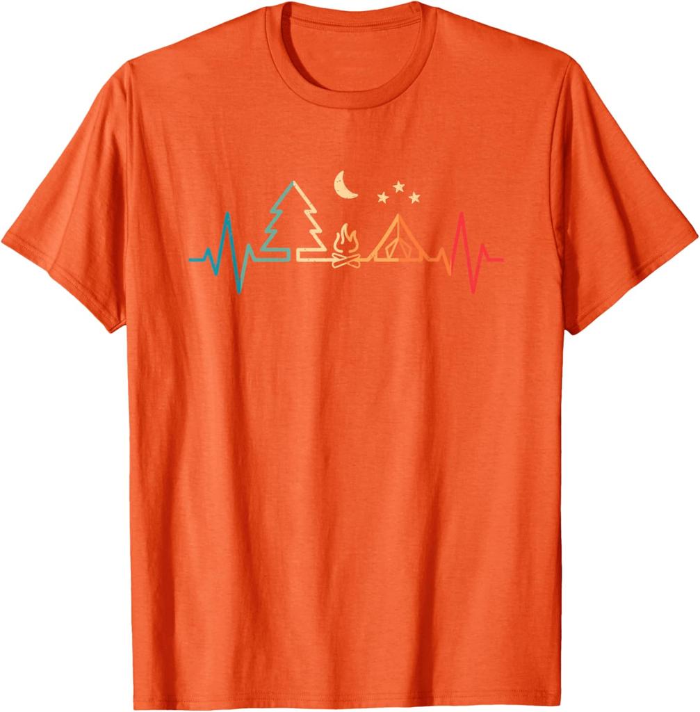 Retro Camping Heartbeat Nature Camper Hiking Men Boys TShirt