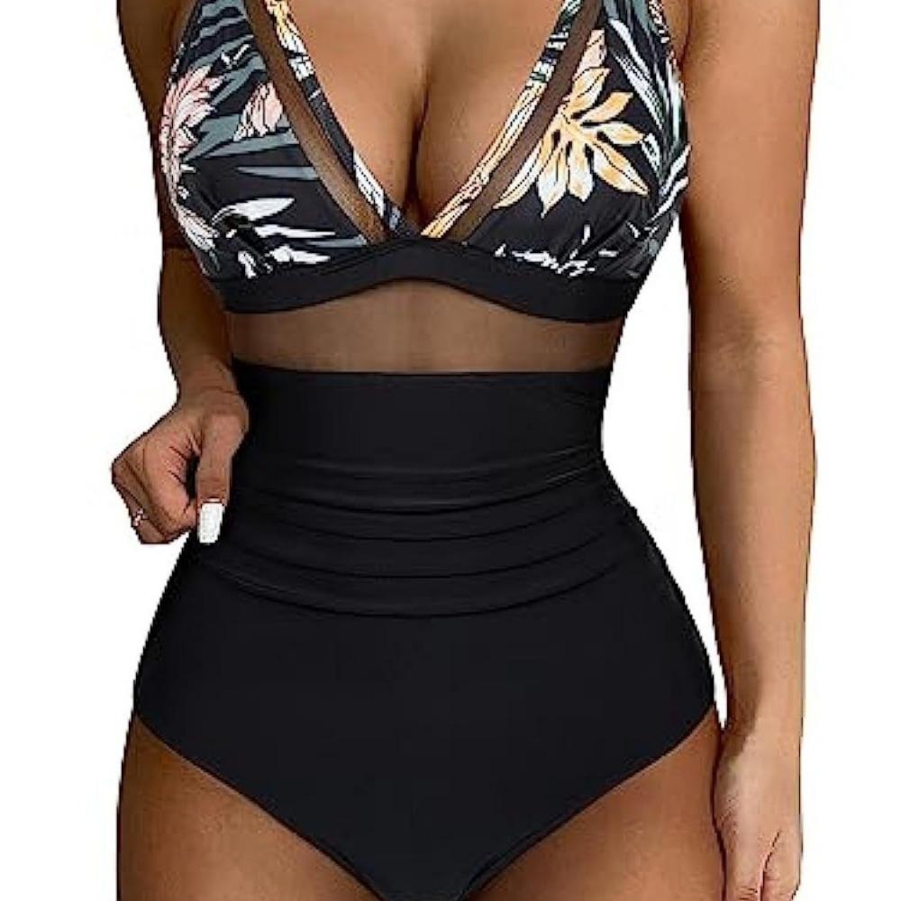 Europäischer und Amerikanischer Einteiliger Badeanzug Damen Sexy Cutout Mesh Tiefes V Push Up Bikini