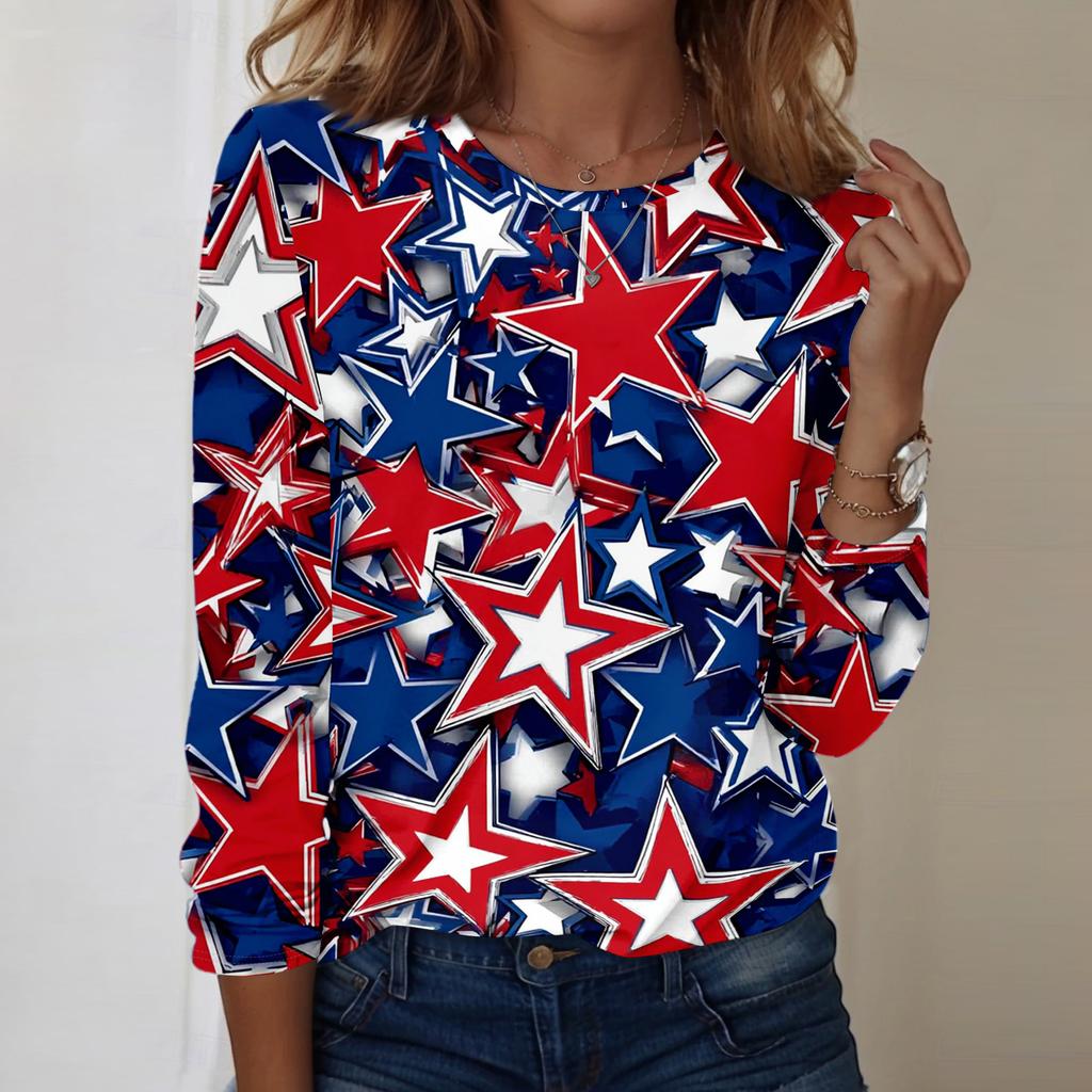 Women's Fashionable Casual Long-Sleeved Independence Day Print Neck Top