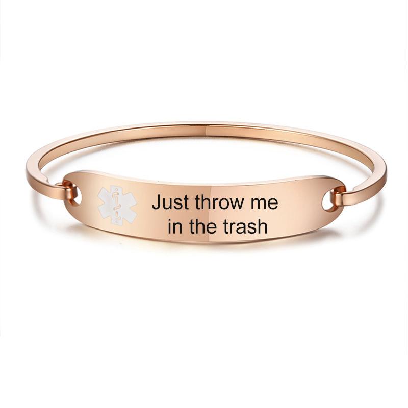 When I'm Dead Just Throw Me in The Trash Medical Alert ID Bracelets for Women Stainless Steel Elegant Personalize Cuff Bangle