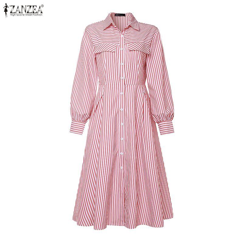 ZANZEA Women Casual Turn Down Collar Long Sleeve Loose Stripe Dress