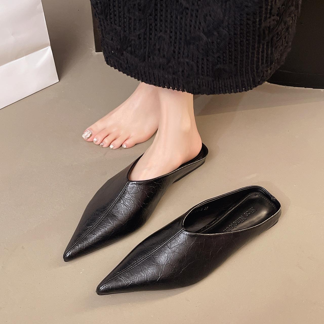 

2025 spring new simple solid color pointed flat sole single shoes versatile flat heel bag head half drag outer wear women sandals women 41 чёрный