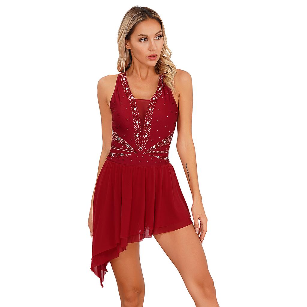 Damen Glitzer Tanzkleid Ärmellos Asymmetrischer Saum Strass Verziertes Abendkleid Set mit Netzhandschuhen mit vollen Fingern