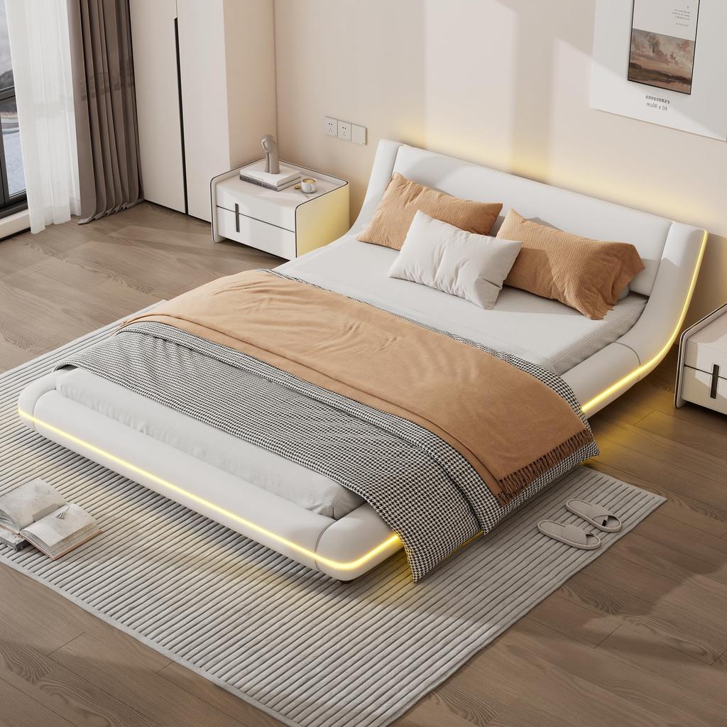 Polsterbett 140x200cm mit LED Beleuchtung, Bodenbett Doppelbetten mit Kopfteil und Lattenrost, Ohne Matratze