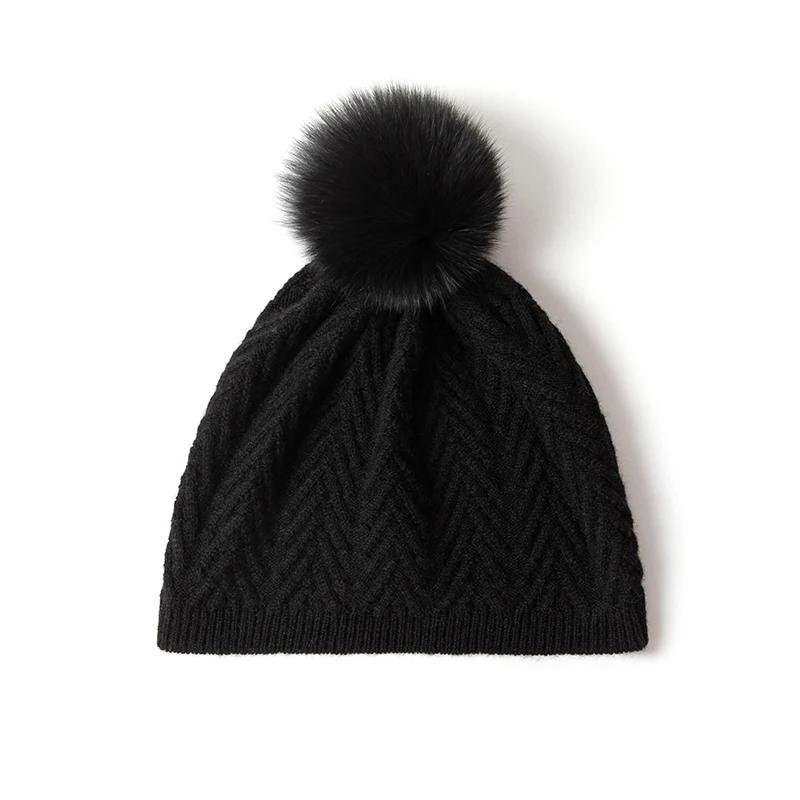 Women 100% Pure Cashmere Solid Color Beanie Hat Pom Pom Detail  Knit Winter Warm Soft Slouchy Skullies Cold Weather Accessory