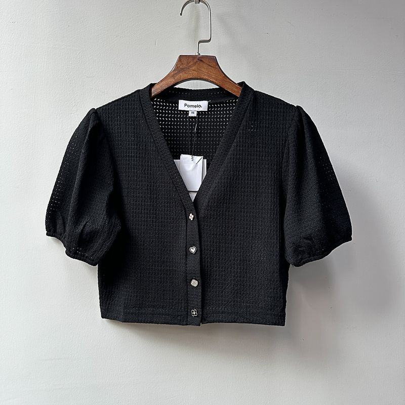 

Thailand Grapefruit Home Pure Original Black Cut-out V Neck Exquisite Small Buttons High Waist Tops Cute Vitality Looming Small black top XS