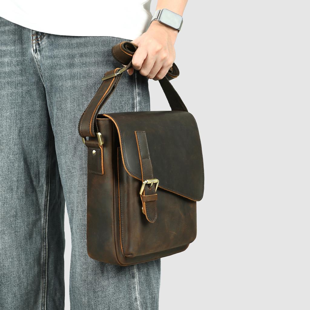 Nuova Borsa a Tracolla da Uomo in Vera Pelle, Borsa a Spalla con Patta in Pelle Crazy Horse, Borsa a Messaggero, Sensazione di Lusso, Tendenza Borsa a Spalla da Uomo