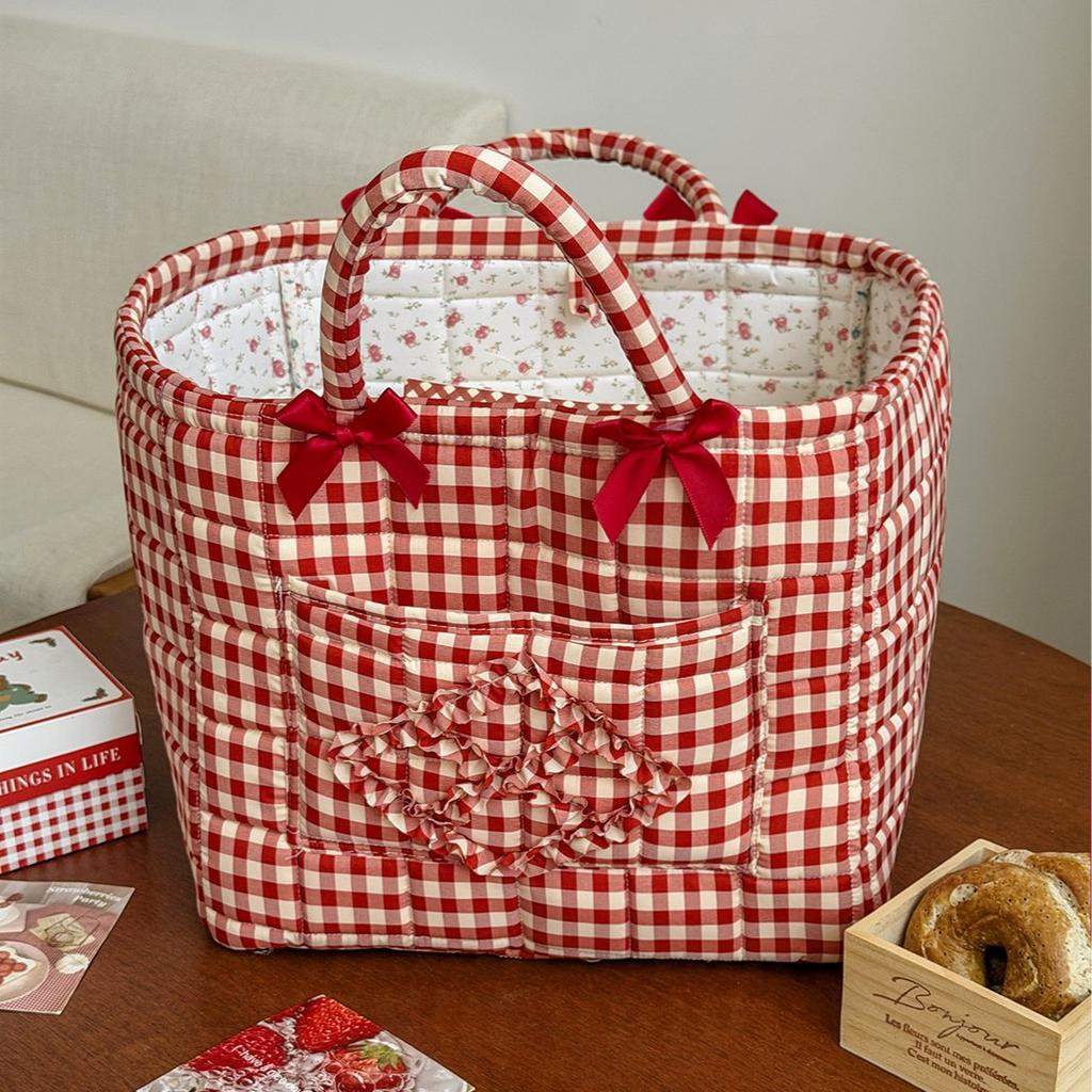 ed Plaid Storage Basket with Bow, High-Glamour Collapsible Laundry Hamper, Lightweight Foldable Bin for Snacks Toys Clothes