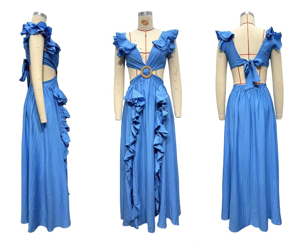 European and American Spring 2026 Women's Elegant Floral Deep V Cut-Out Waist Dress