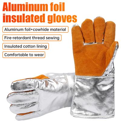 Extrémně ohnivzdorné a žáruvzdorné rukavice Kožené Hliníková fólie Rukavice proti opaření pro krb Trouba Svařování Práce ve vysokých teplotách