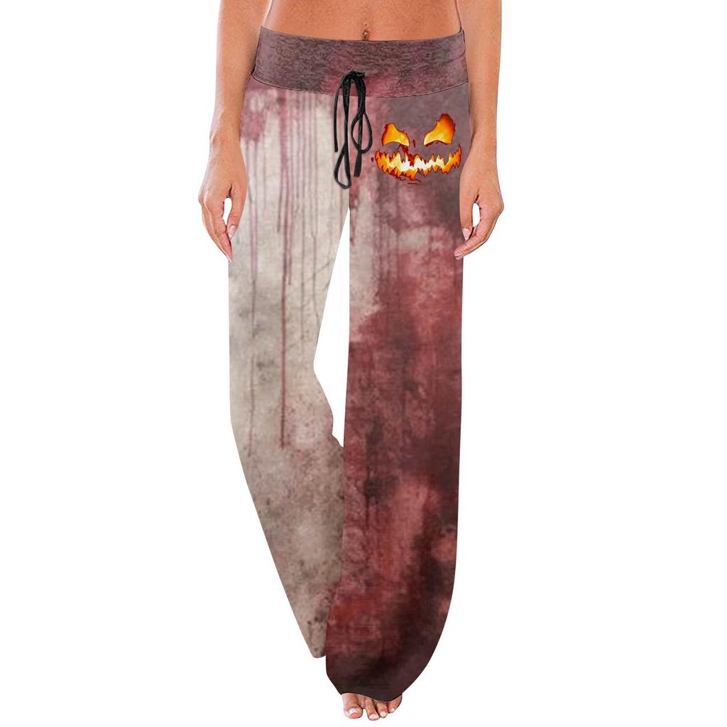 Women's Comfortable Sleep Pants Halloween Print Drawstring Wide Leg Pants