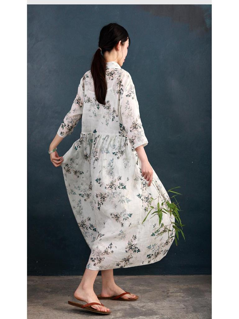 Mountain Spirit Sheer Flowy Tie-Waist Long Dress with Irregular Neckline, Women's Ramie Tea Dress