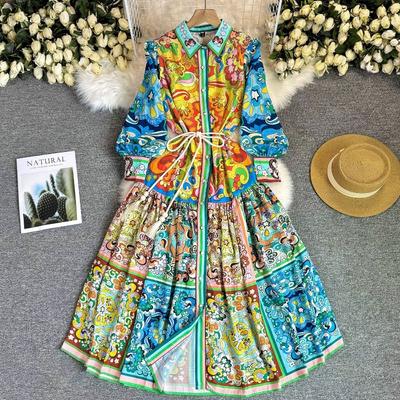 Elegantes, langärmliges Kleid im französischen Laternenstil für Damen im Frühling und Herbst mit Print im Hofstil mit Schnürung und schmaler Passform
