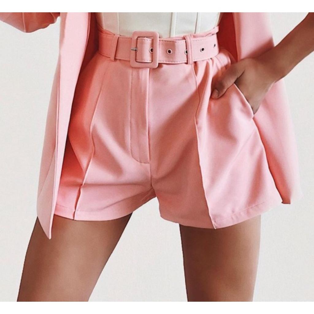 Women's Slim Fit Two Piece Suit Lapel Long Sleeve Blazer High Waist Belted Short Co-ord Outfit Set