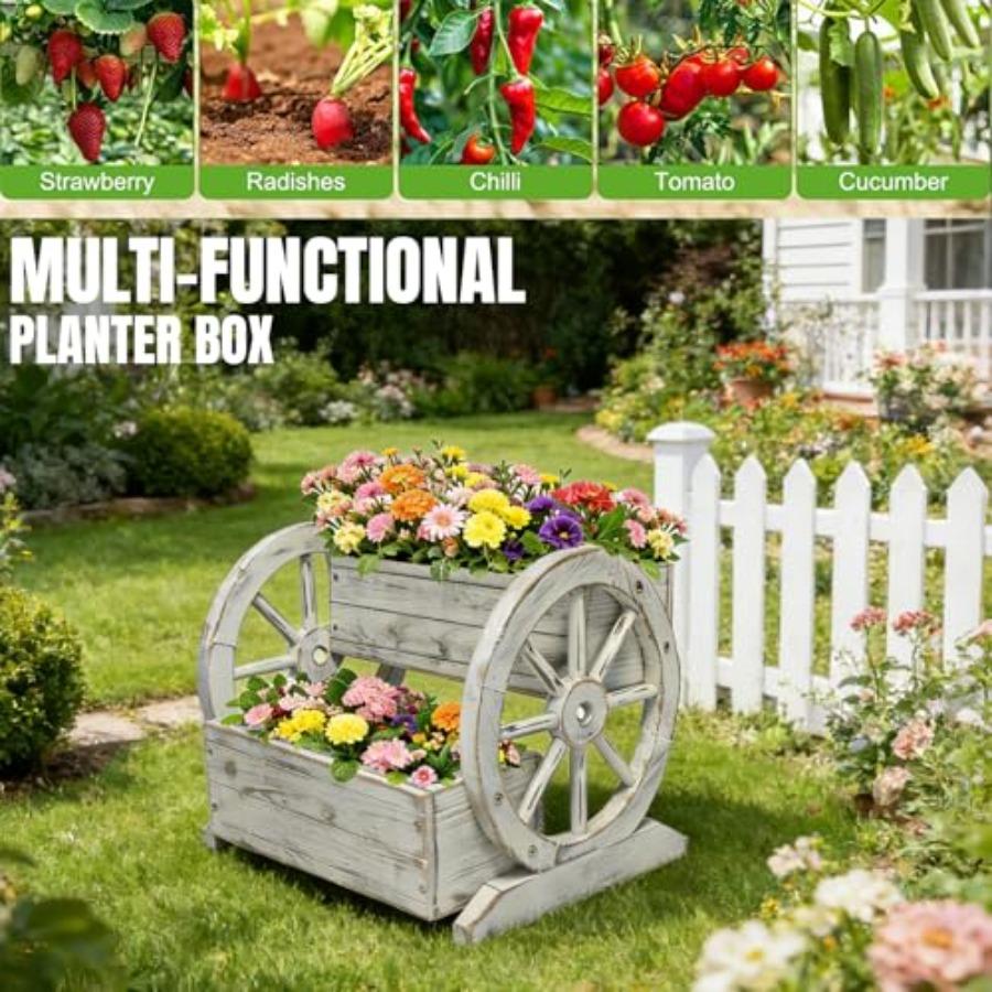 NestNature Wooden Wagon Planter Box Raised Garden Bed Decorative Garden Planters with Wheels for Indoor Outdoor Decor Plants in
