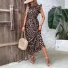 Elegant Leopard Print Women's Dress: Pleated Waist, Round Neck, Short Sleeve, Long Length