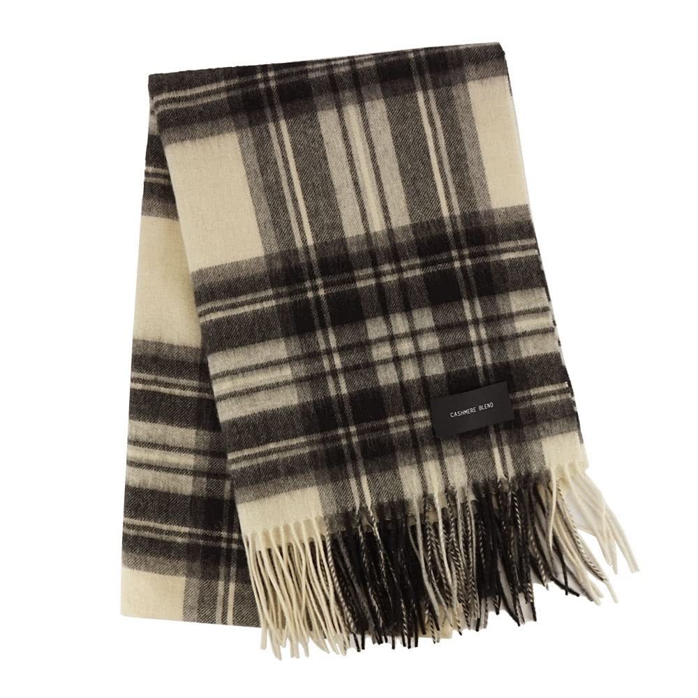 Large Wool 200cm x Check Ivory [macocca] Hand-washable Cashmere-Blend Stole, 90% Wool, 10% Cashmere, 60cm,
