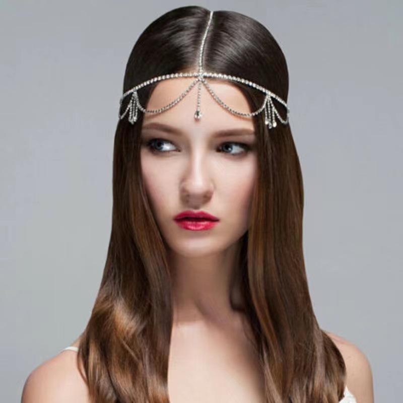 Cross-Border Hot Sale Fashion Elegant Rhinestone Hair Chain Vintage Water Drop Forehead Lace European and American Accessories