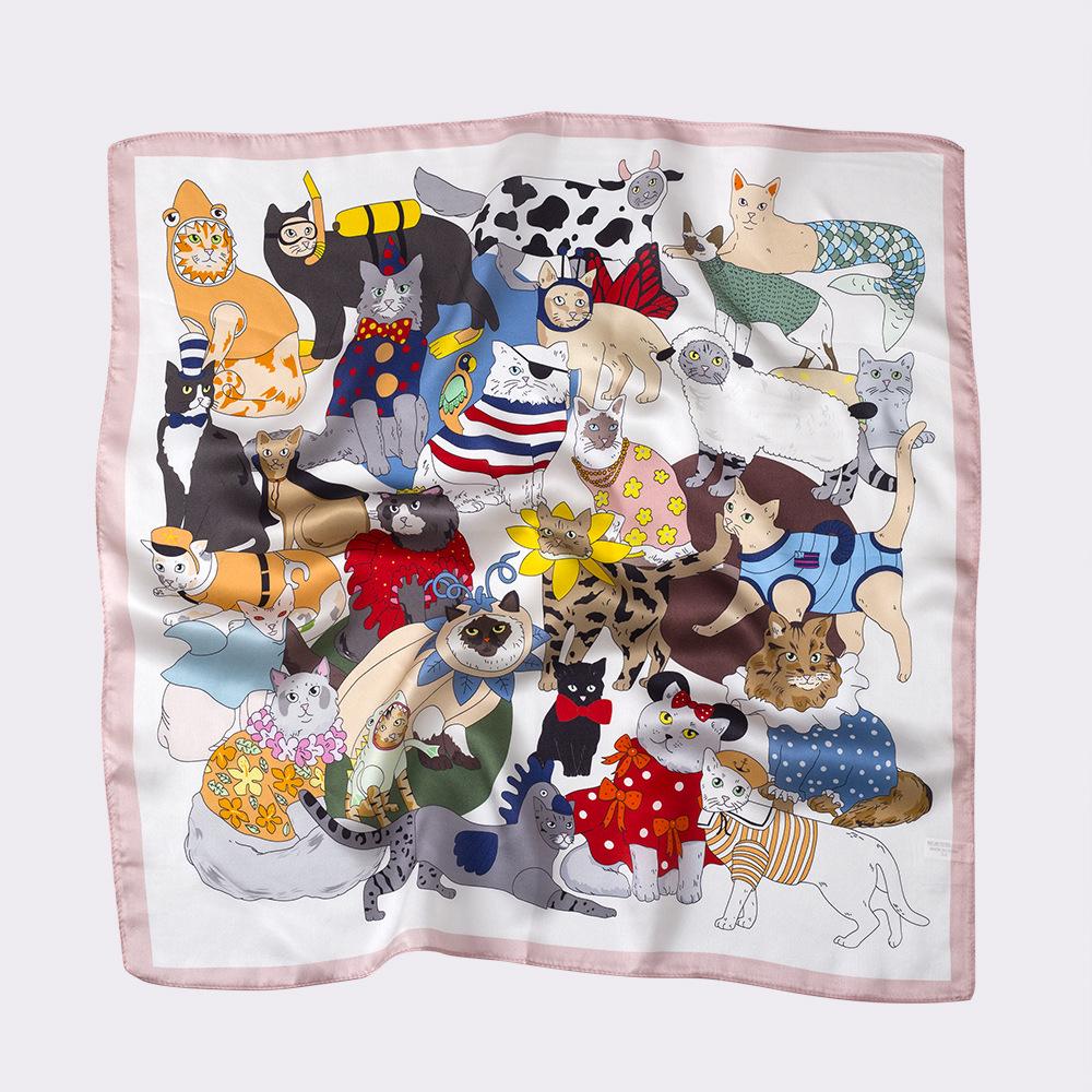 

Spring/Summer Luxury Soft Satin Neckerchief 70*70cm Cute Cat Print Square Scarf Women’s Breathable Imitation Silk Bandannas бежевий