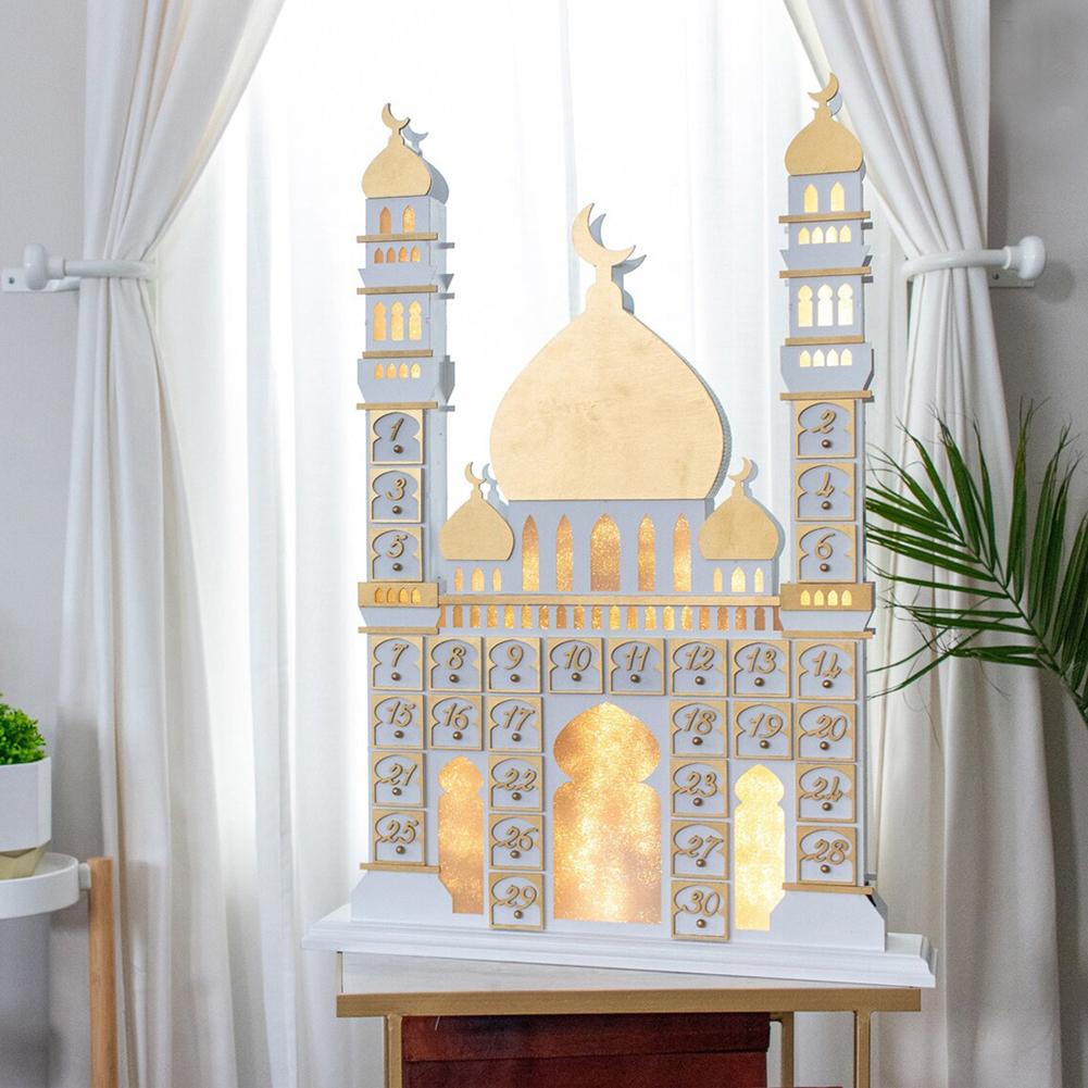 DIY Ramadan Advent Calendar With Drawer Box Wooden Castle Ramadan Countdown Calendar With LED Light For Eid Mubarak