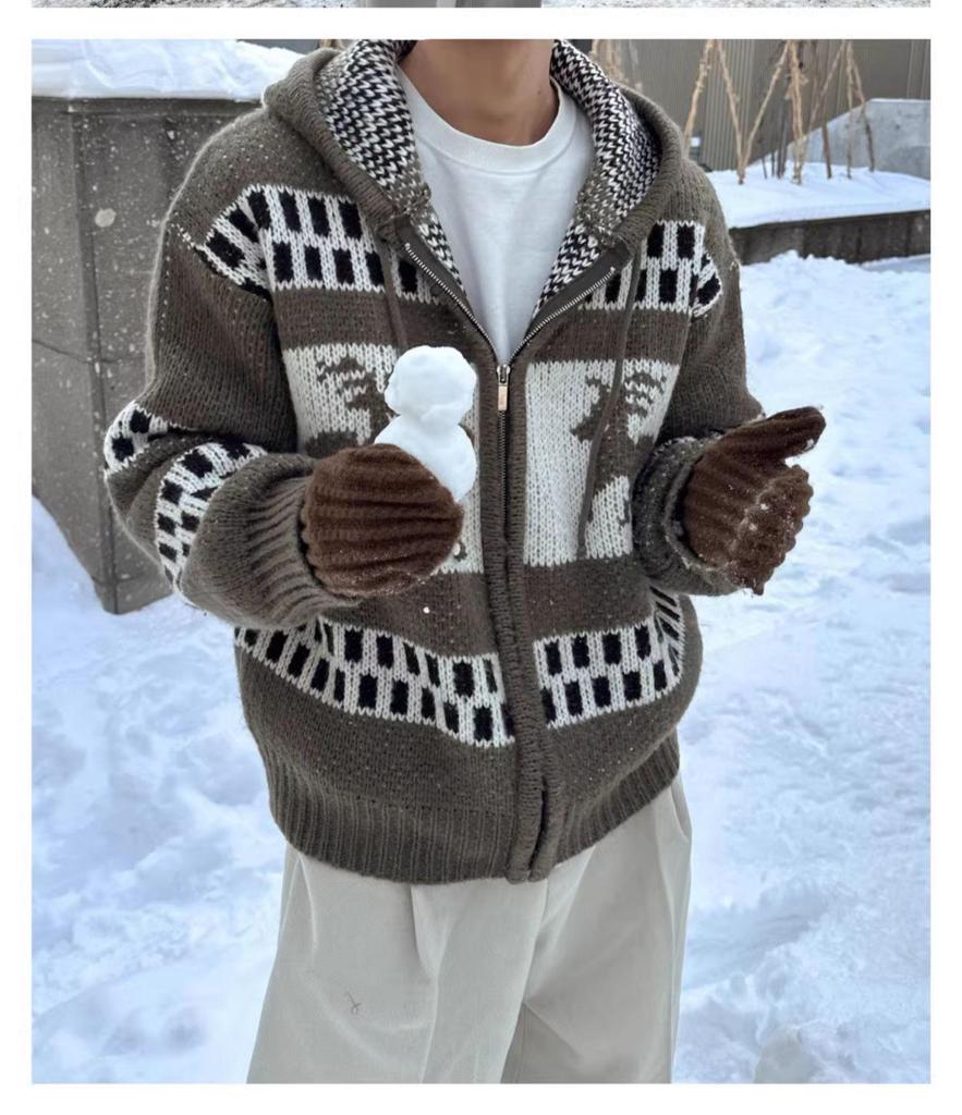 Pánský retro vánoční svetr s kapucí: Zimní žakárový kardigan na zip