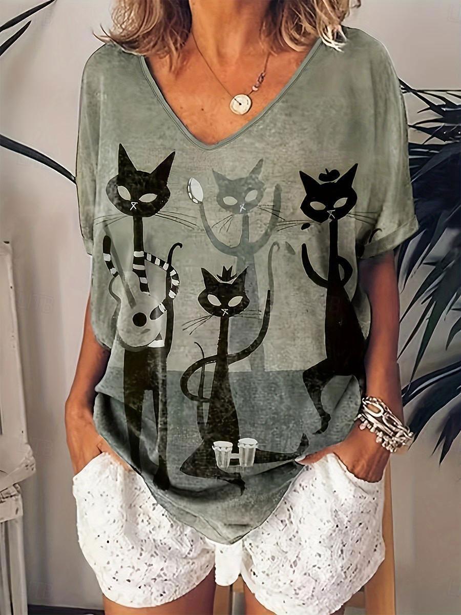 

Women s T shirt Black Cat Casual Print Short Sleeve Regular Tops V Neck Daily Red Blue Green Summer S