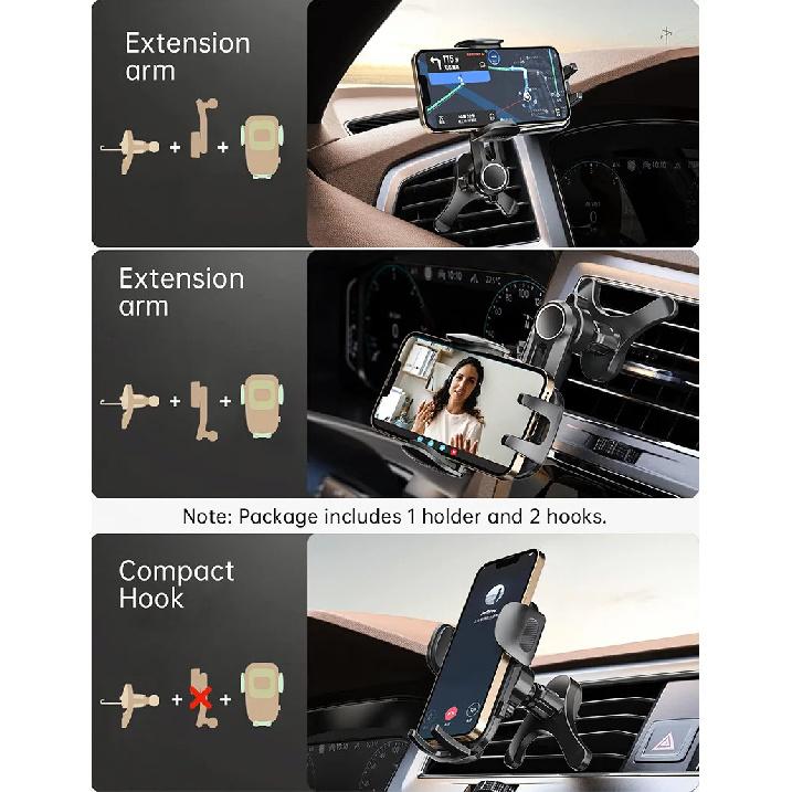 Car Air Vent Phone Holder Mount with Metal Hook Clip, ABS Material, 360° Rotation, One Button Release, Compatible with All Cars