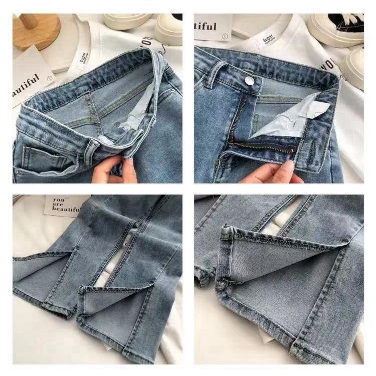 Streetwear Elastic Denim Flare Pants Woman High Waist Wide Leg Pants Vintage Split Jeans Woman Gray Bell Bottom Jeans